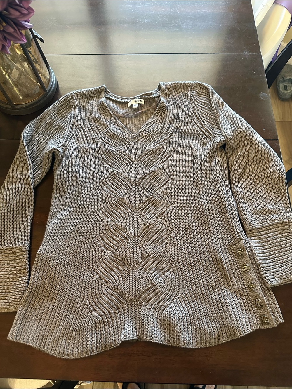 Sonoma Taupe V-Neck Cable Knit Sweater with Side Buttons